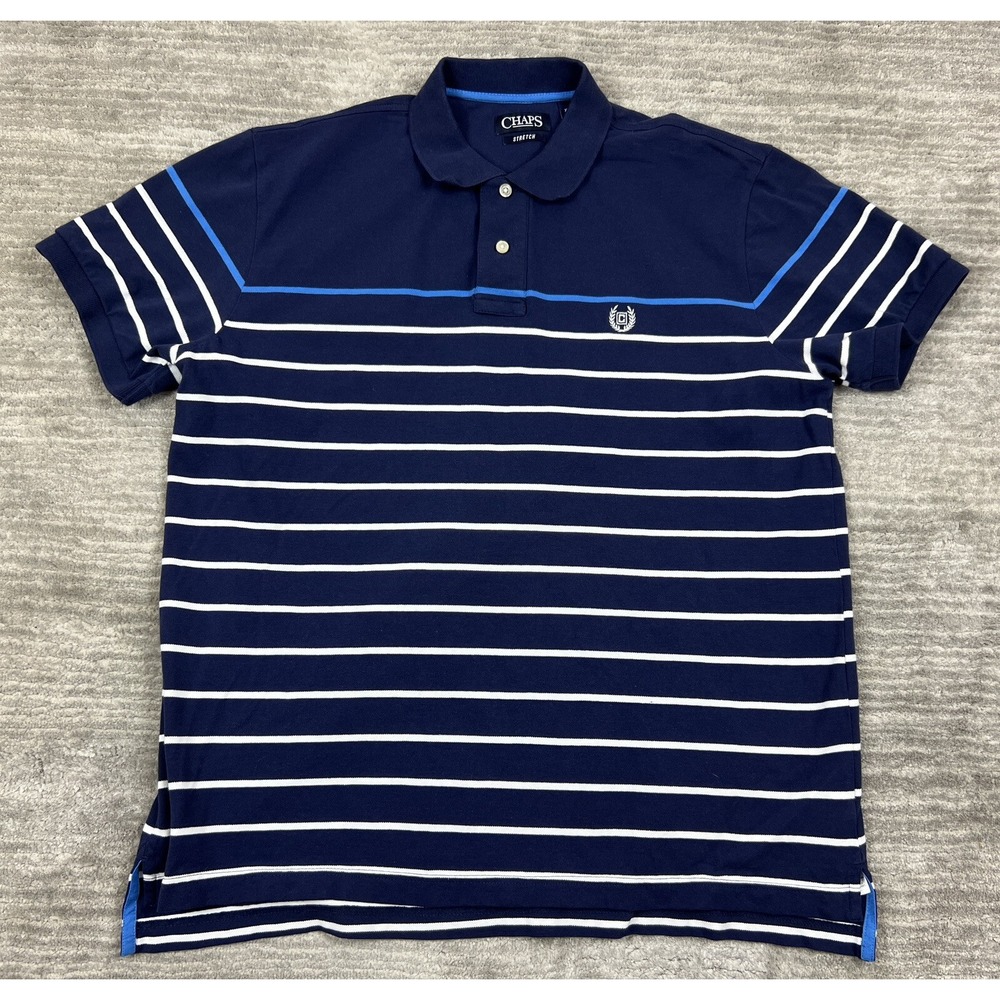 Chaps Shirt Mens XL Blue Polo White Striped Shortsleeve Stretch